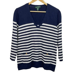 Lauren Ralph Lauren Shirt Womens L Blue White Stripe V Neck Top Pockets Nautical